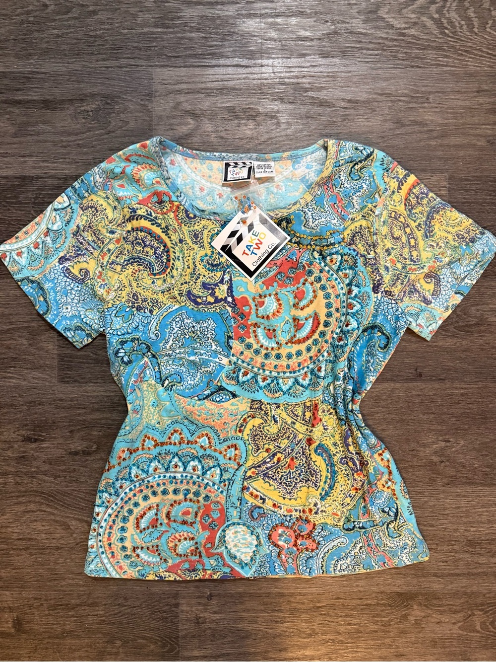 NWT Teal Multicolor Paisley Short Sleeve Women's Top